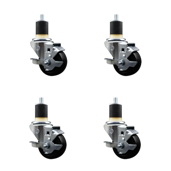 3'' SS Hard Rubber Swivel 1-7/8'' Expanding Stem Caster Set with Brake, 4PK